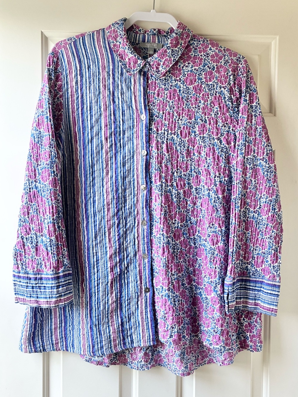 Habitat Tunic Shirt Floral & Stripe Crinkle Texture Multicolor Blue Size L